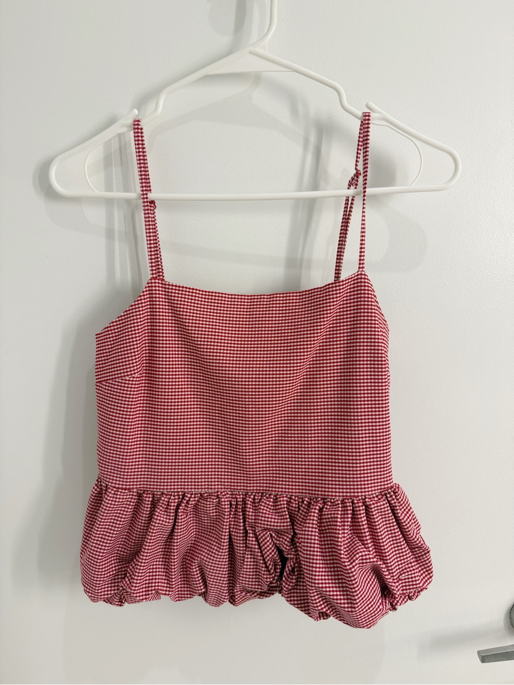 Mango Red and White Gingham Cami with Peplum Detail